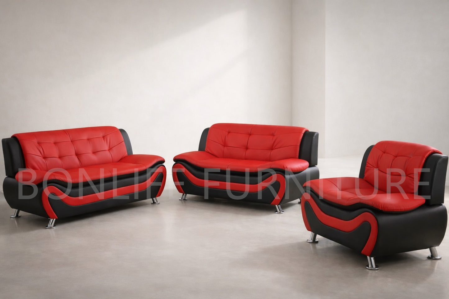 Black & Red PU Leather Sofa Set – 3-Piece Modern Living Room Set-AUCKLAND