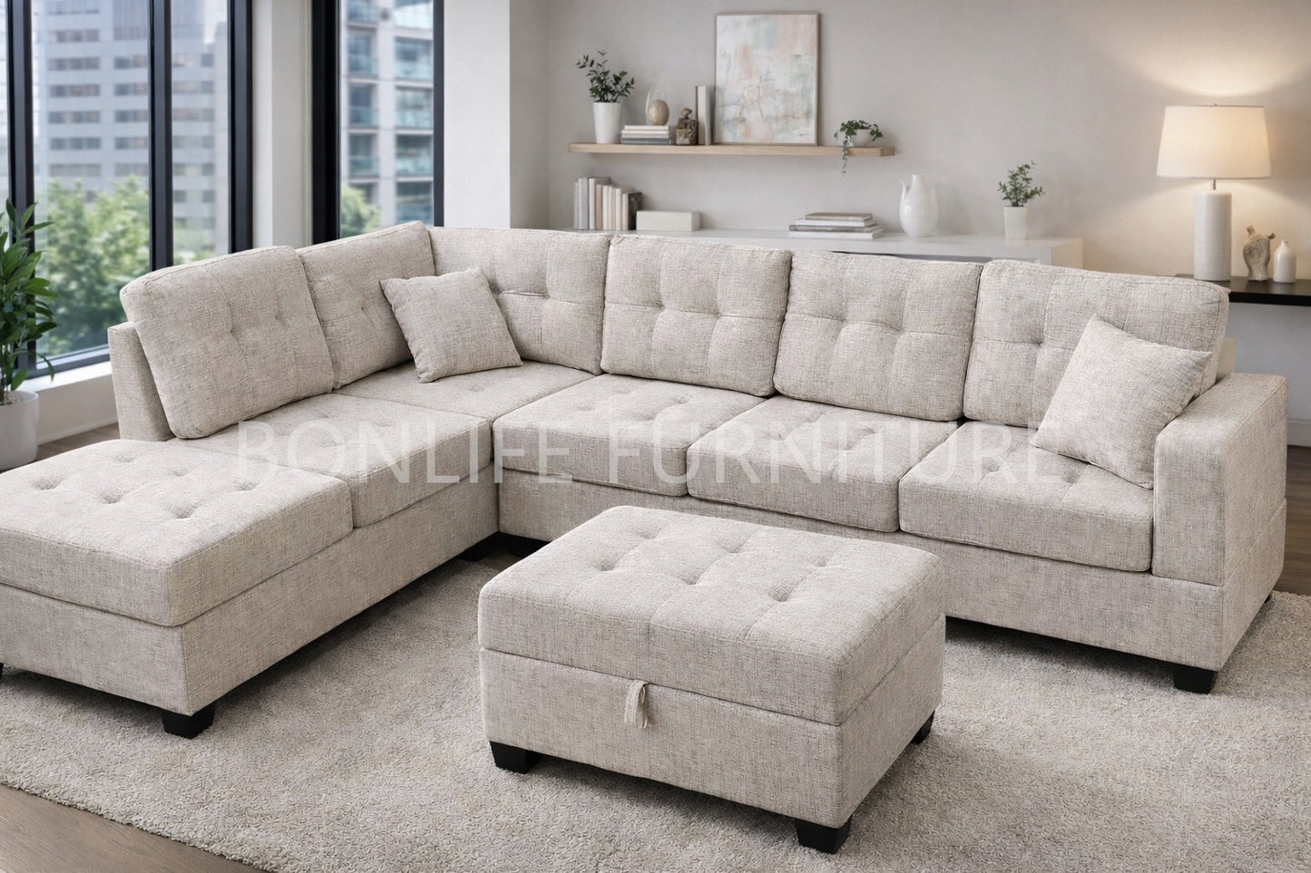Modern Fabric Reversible Sectional Sofa with Storage Ottoman & Dropdown Tray – G2300