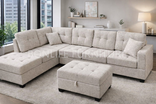 Modern Fabric Reversible Sectional Sofa with Storage Ottoman & Dropdown Tray – G2300