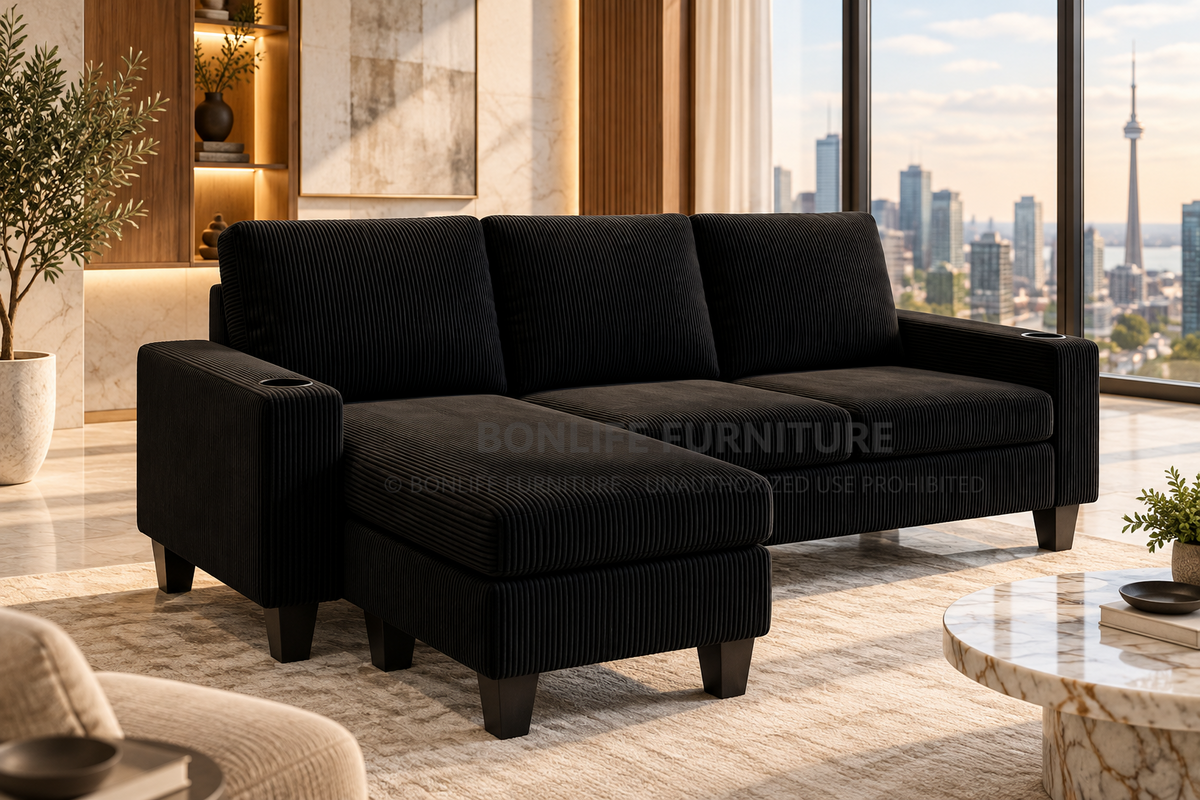Compact Reversible Corduroy Sectional Sofa with Cup Holders-D2602