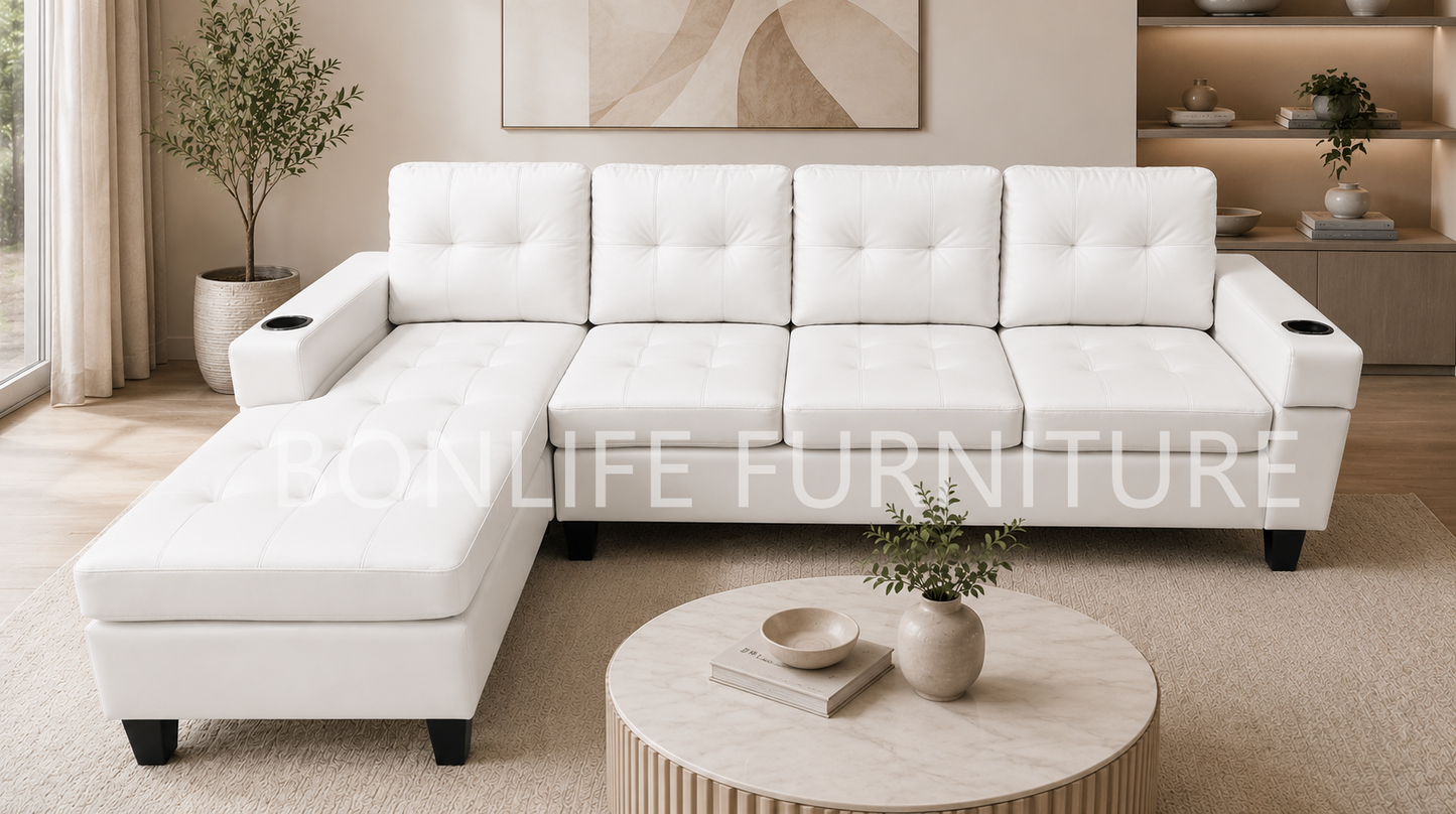 PU Leather Reversible Sectional Sofa with Cup Holders -D2022