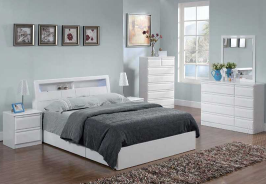 White Piano Lacquer Storage Bed-Kurara