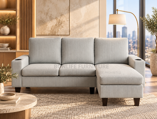 Compact Reversible Corduroy Sectional Sofa with Cup Holders-D2602