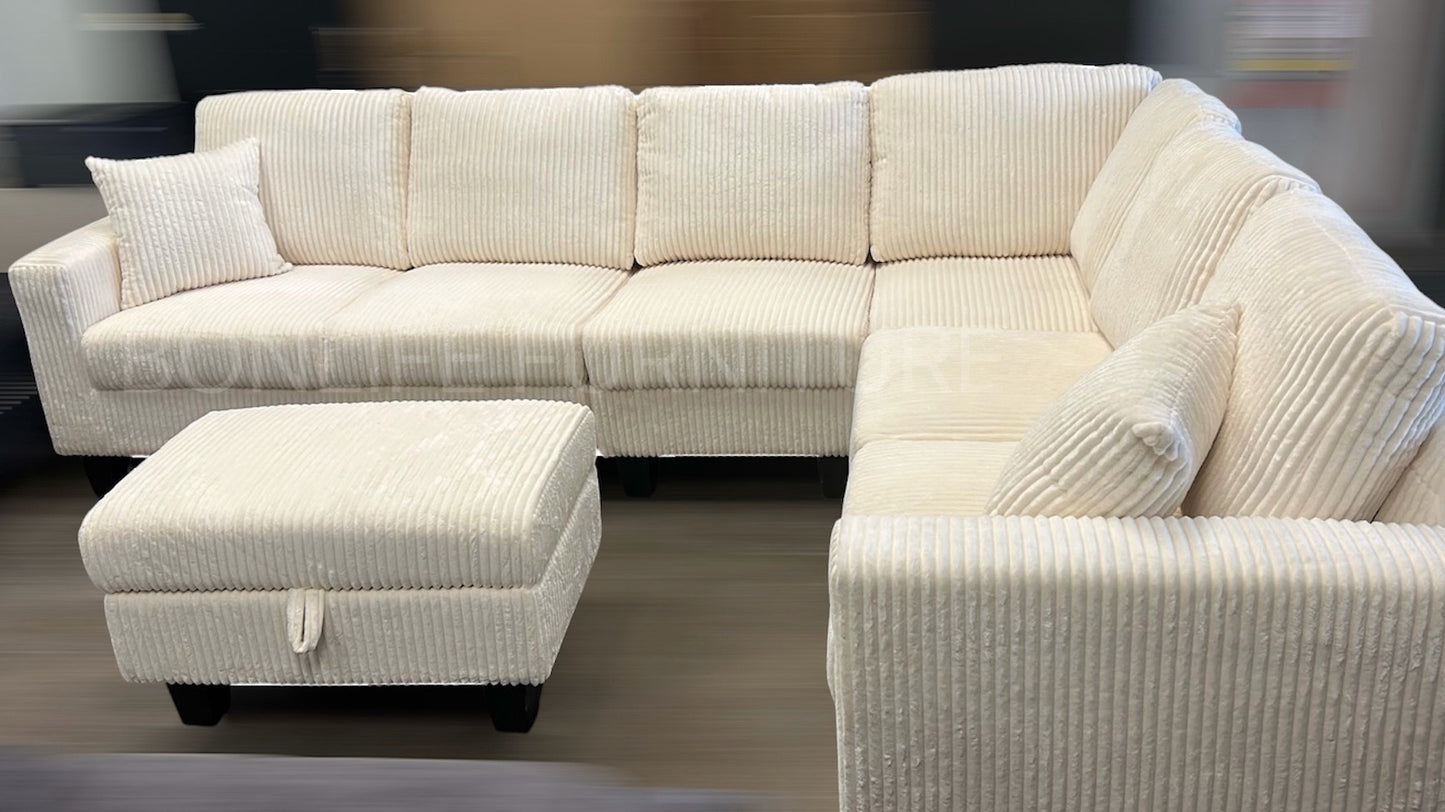 Corduroy Reversible Sectional Sofa with Storage Ottoman-D2509