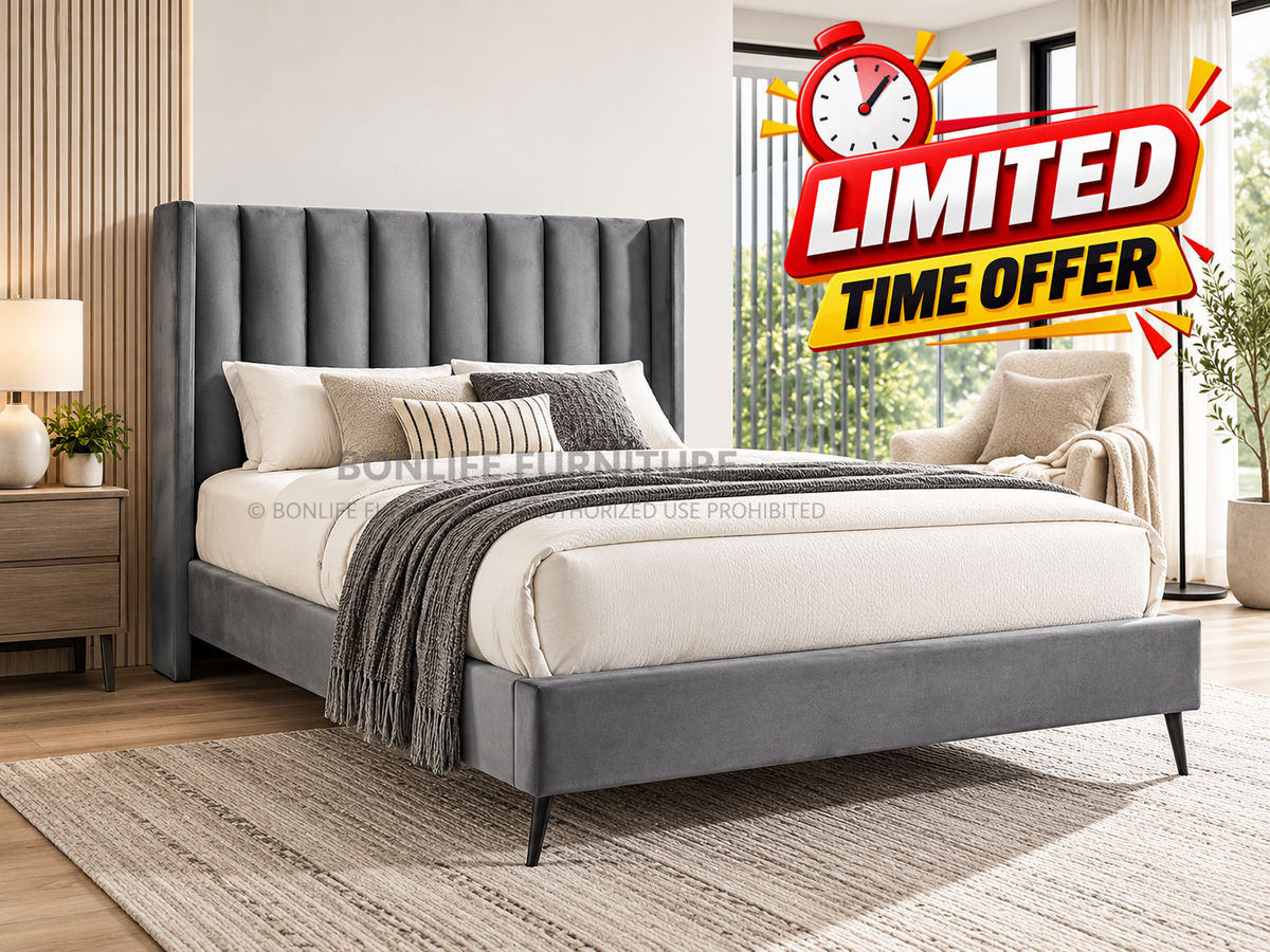 Modern Grey Velvet Wingback Platform Bed Frame-I5230