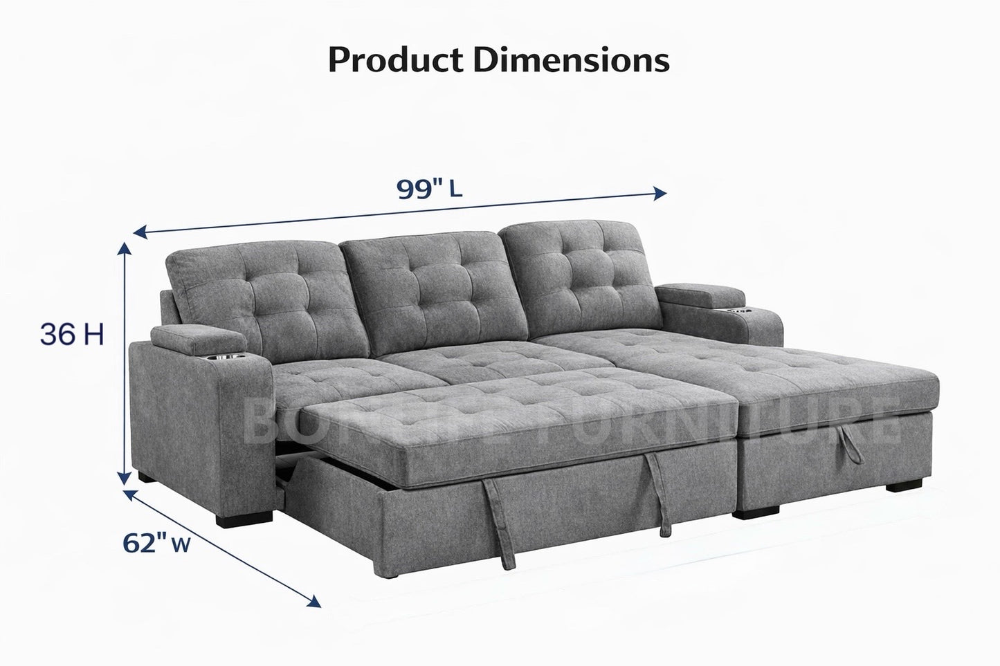 Pull-Out Sofa Bed Sectional with Storage Chaise & Cup Holders-I9050(1)