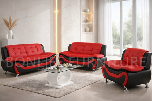 Black & Red PU Leather Sofa Set – 3-Piece Modern Living Room Set-AUCKLAND