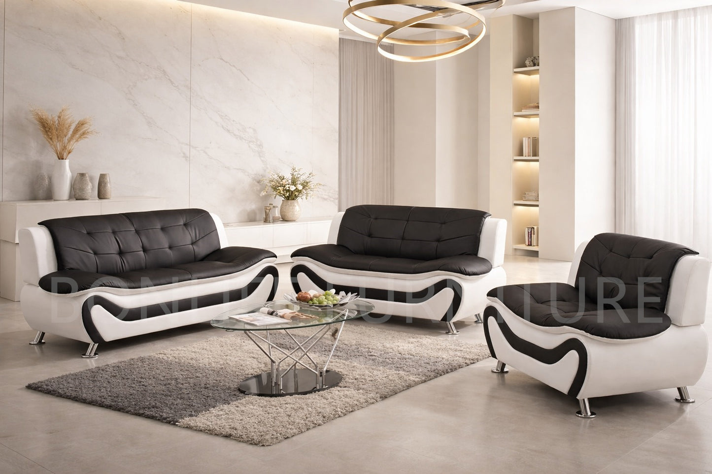 Black & White PU Leather Sofa Set – 3-Piece Modern Living Room Set-AUCKLAND