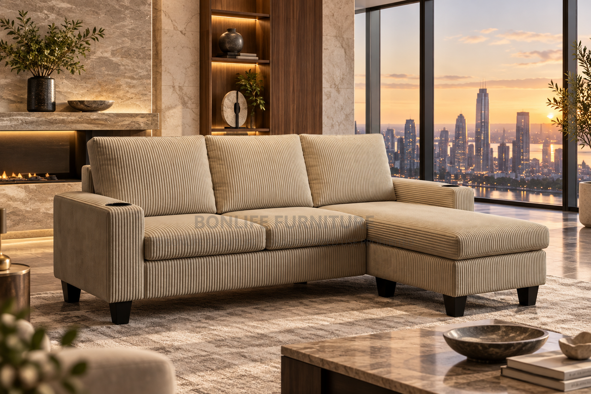 Compact Reversible Corduroy Sectional Sofa with Cup Holders-D2602
