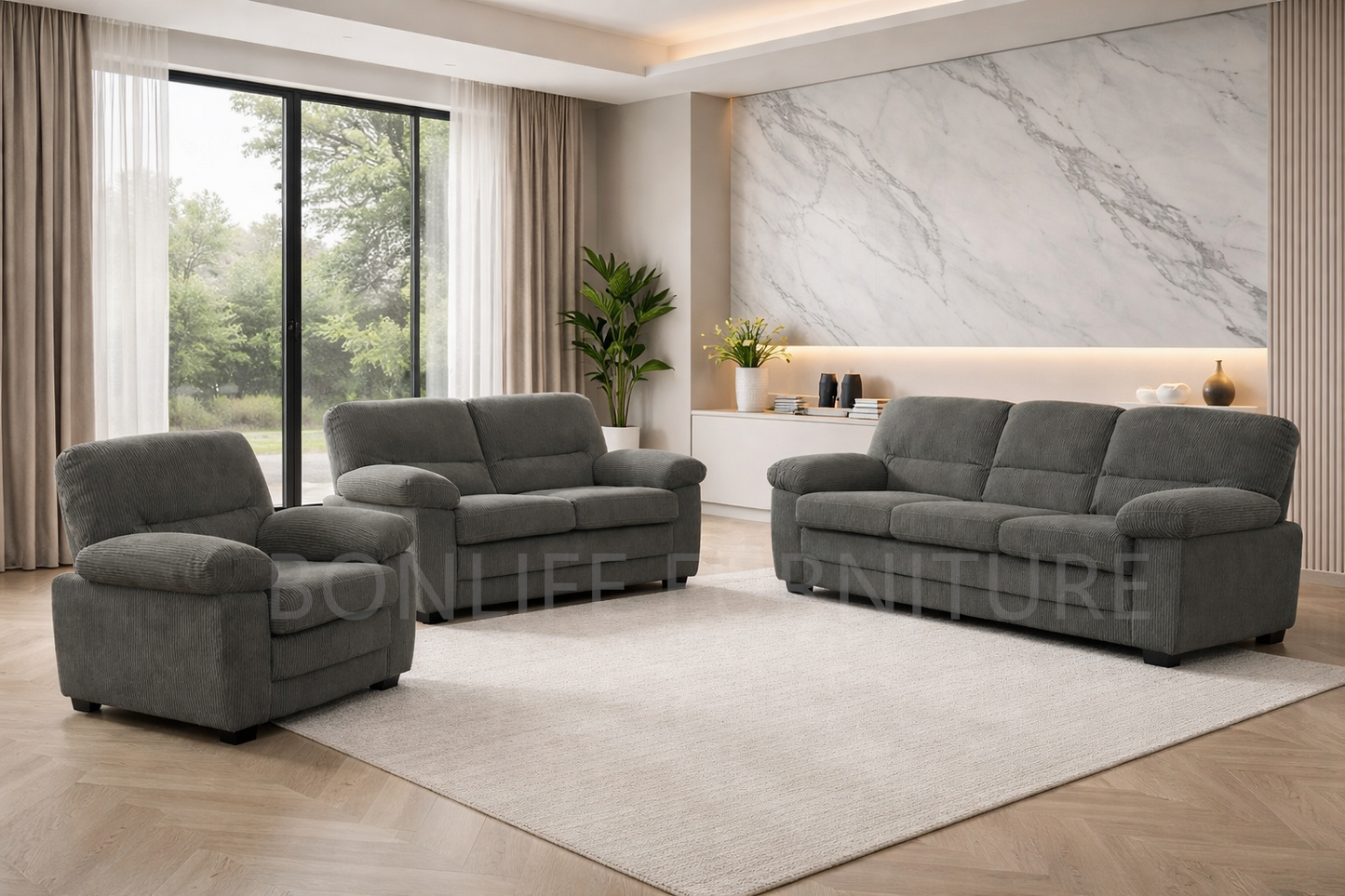 Corduroy 3-Piece Sofa Set – Modern Living Room Sofa, Loveseat & Chair -Ctystal
