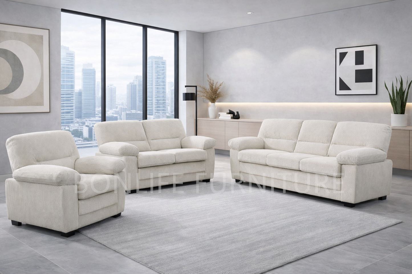 Corduroy 3-Piece Sofa Set – Modern Living Room Sofa, Loveseat & Chair -Ctystal