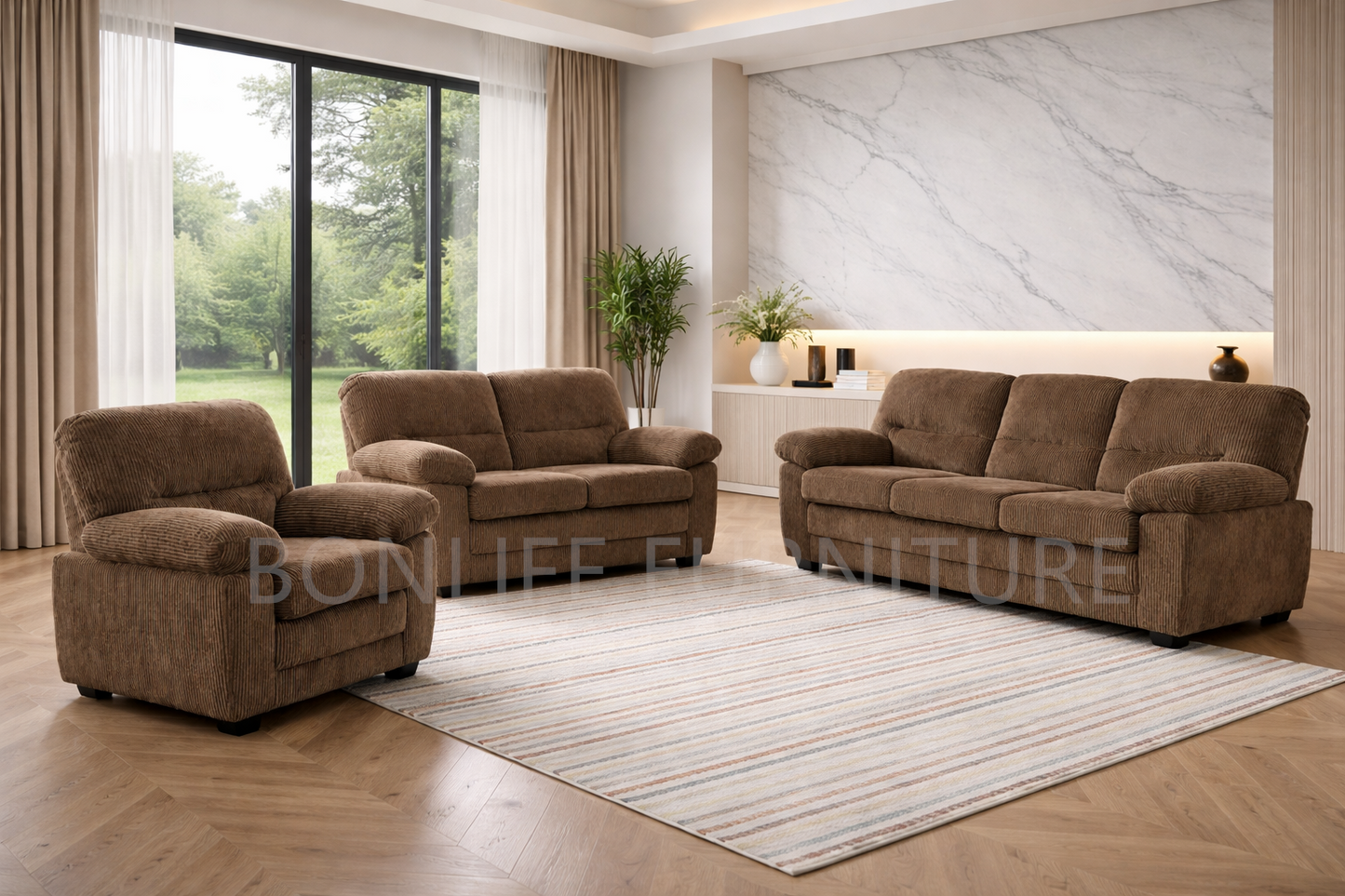 Corduroy 3-Piece Sofa Set – Modern Living Room Sofa, Loveseat & Chair -Ctystal