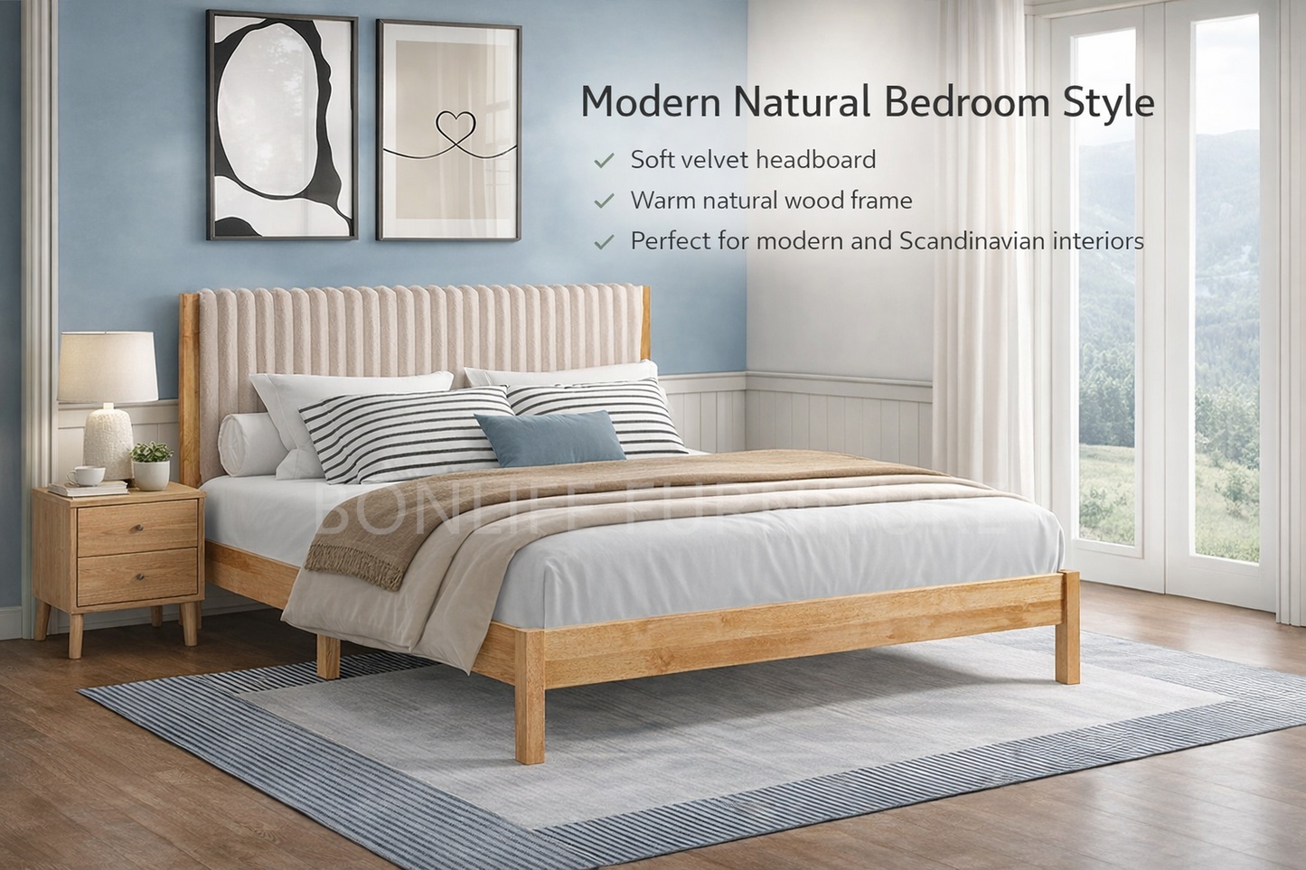 Natural Wood Platform Bed with Velvet Channel Headboard-I5598
