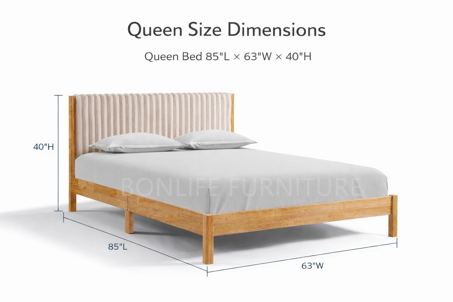 Natural Wood Platform Bed with Velvet Channel Headboard-I5598