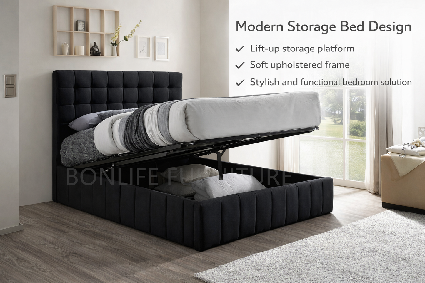 Black Upholstered Hydraulic Storage Bed with Tufted Headboard-I5785