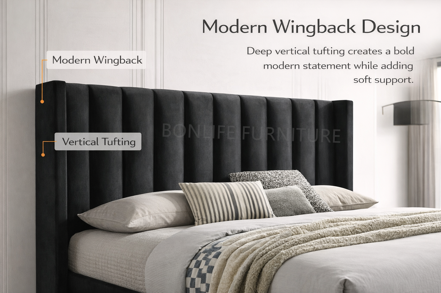 Black Velvet Wingback Platform Bed with Vertical Tufted Headboard-I5231