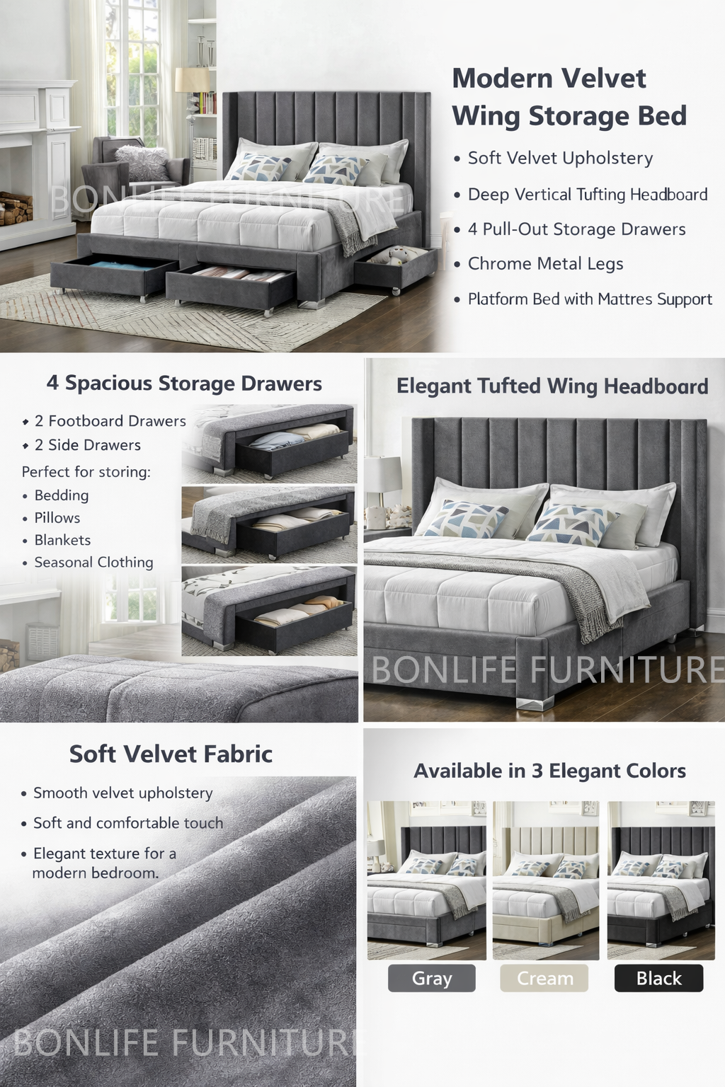 Modern Velvet Wing Storage Bed with Drawers-I5310