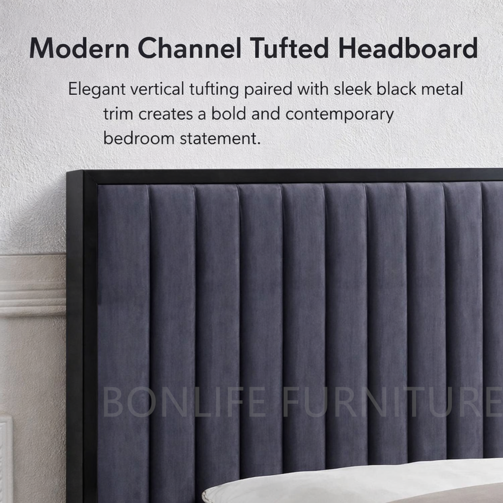 Modern Grey Velvet Platform Bed with Channel Tufted Headboard-I5545