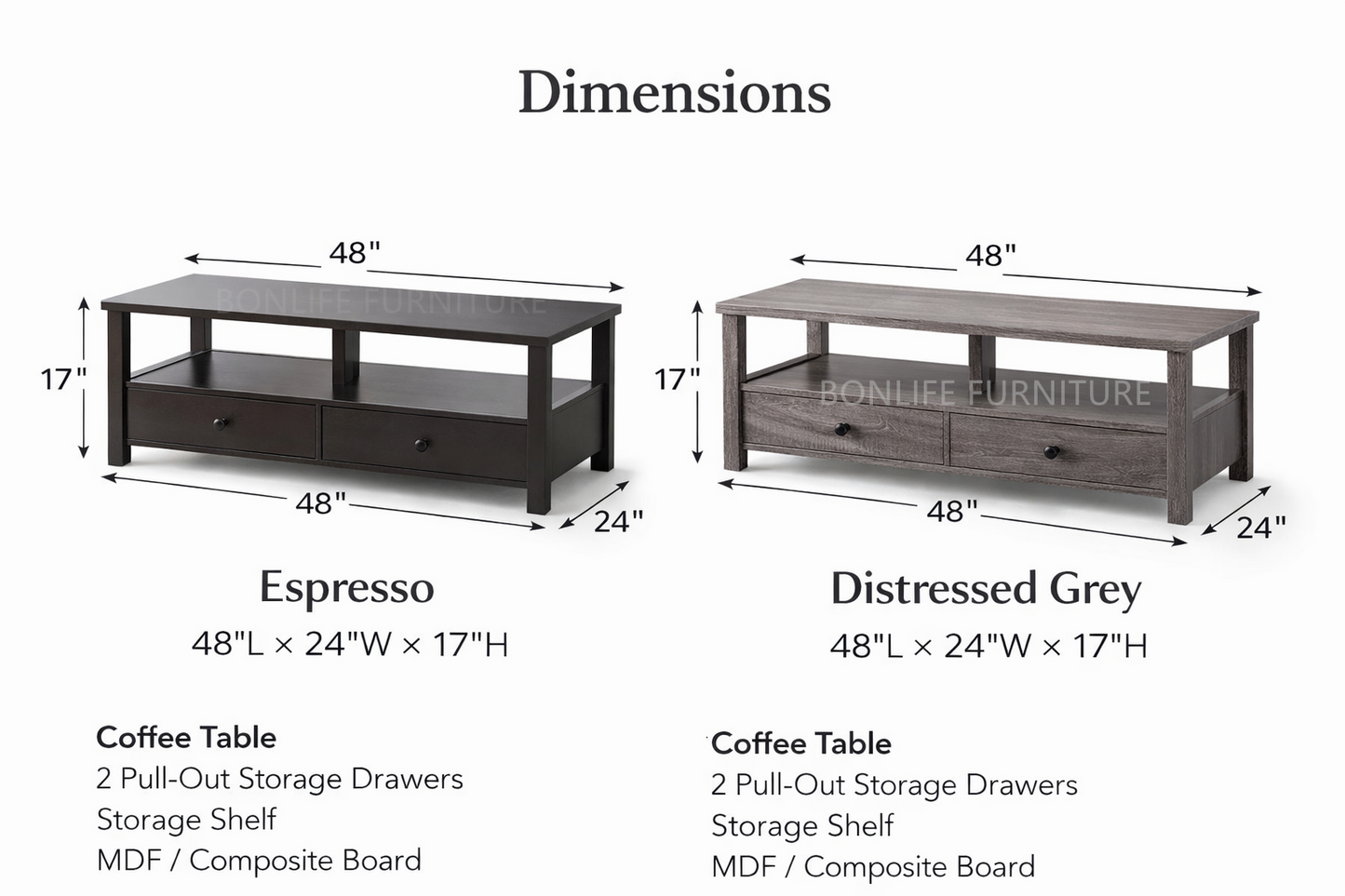 Modern Coffee Table with Storage Drawers & Shelf-I3220