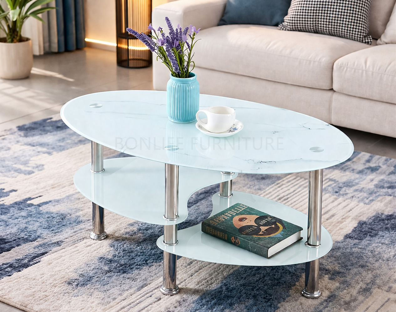 Modern White Marble Glass Coffee Table with Chrome Legs-I2029