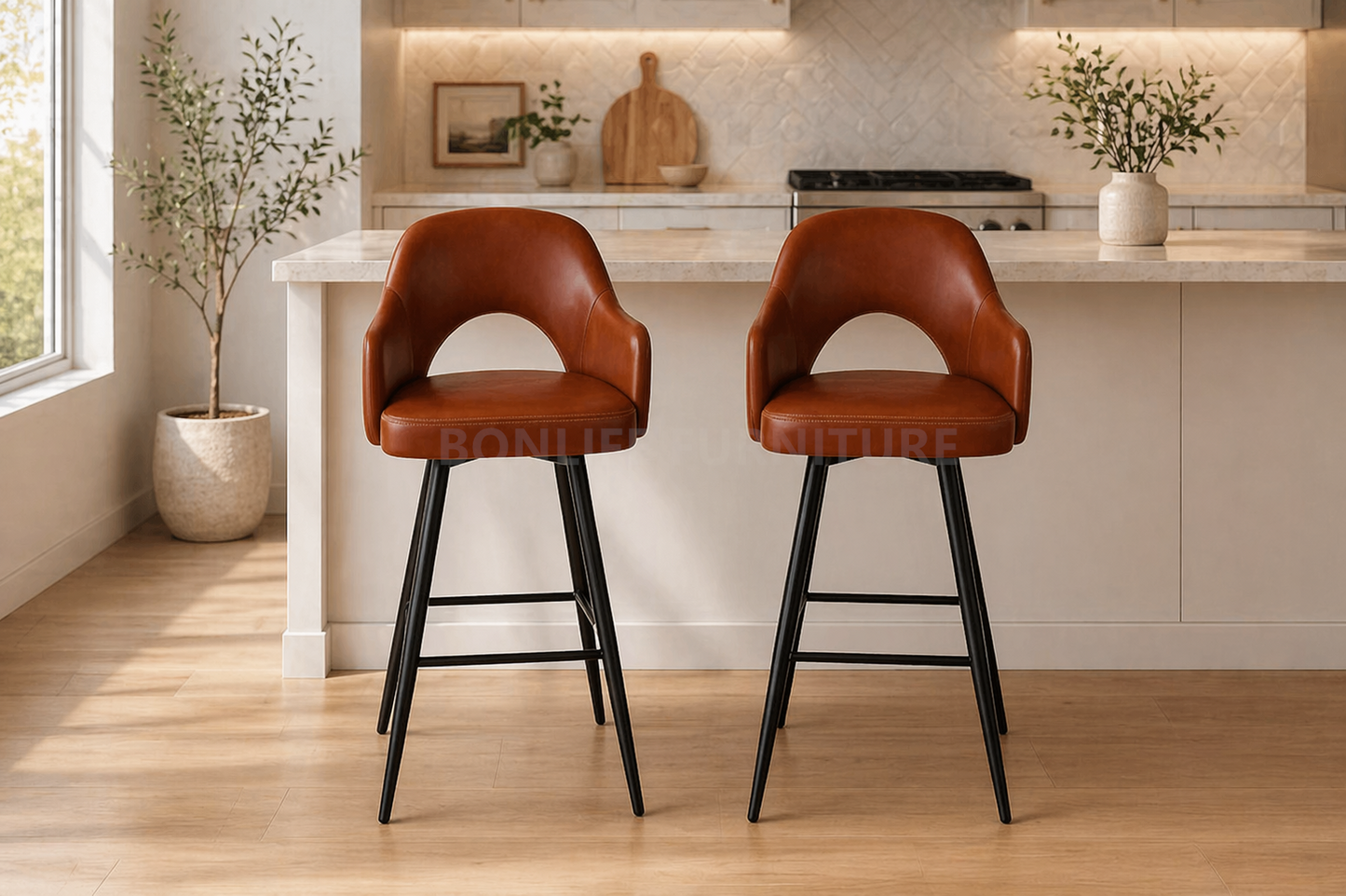 Modern Swivel Bar Stool Set of 2 – Caramel Leatherette Counter Chairs-T3290