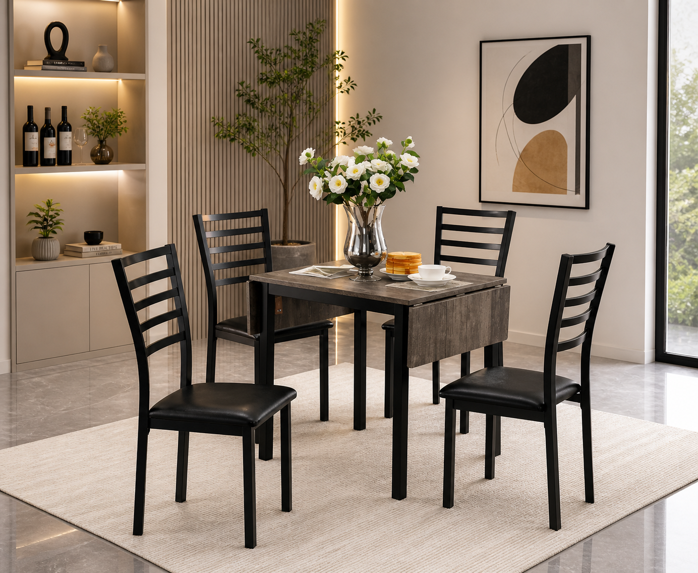 Drop Leaf Dining Set – Space Saving Table with PU Chairs-I1023