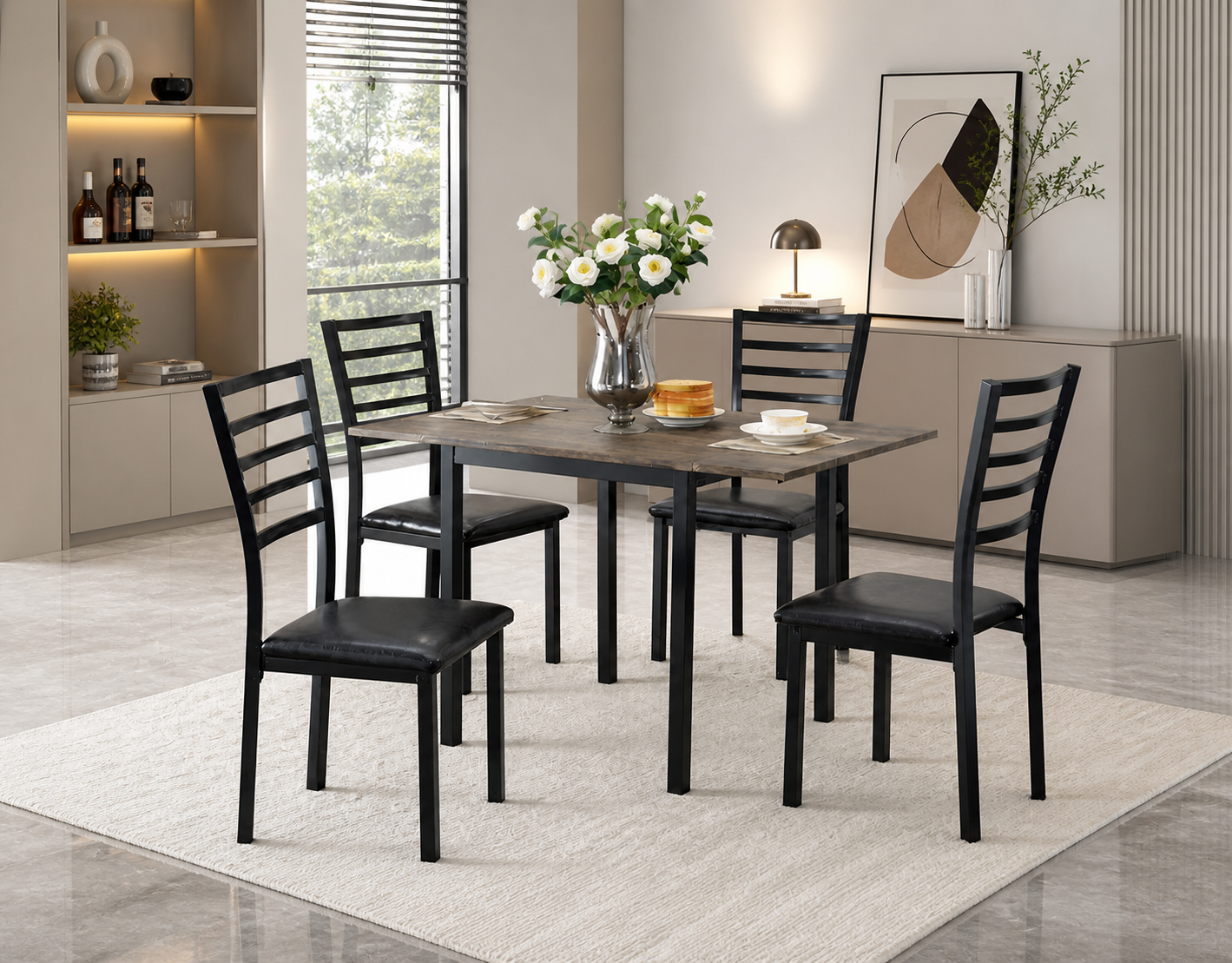 Drop Leaf Dining Set – Space Saving Table with PU Chairs-I1023
