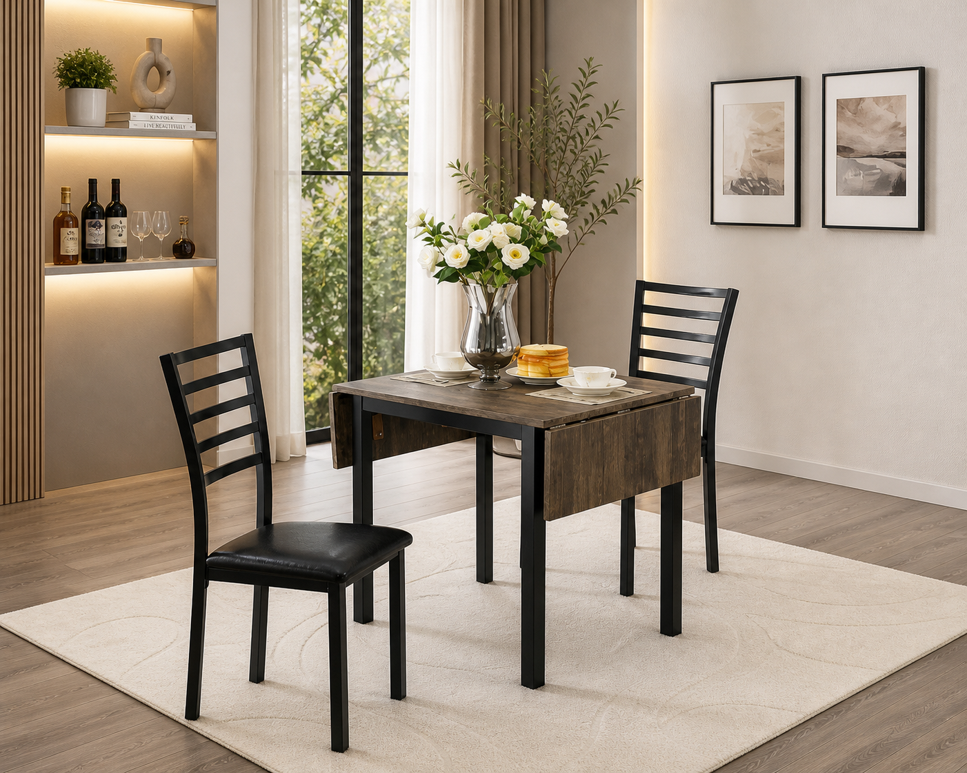 Drop Leaf Dining Set – Space Saving Table with PU Chairs-I1023