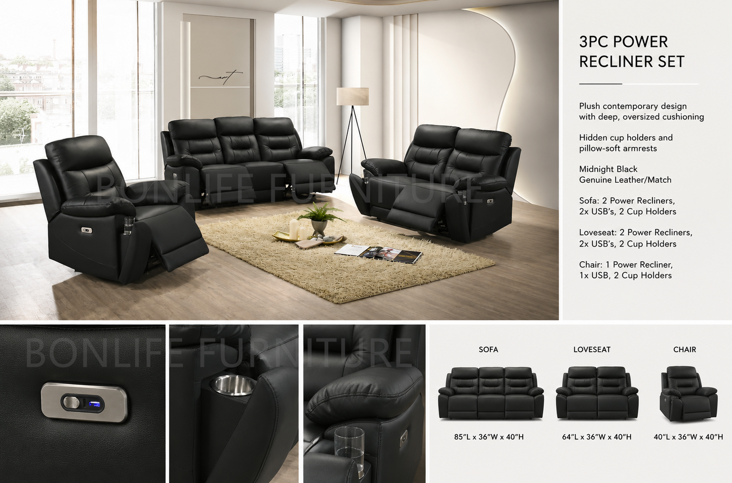 Power Recliner Collection – Midnight Black Genuine Leather Match-I8161