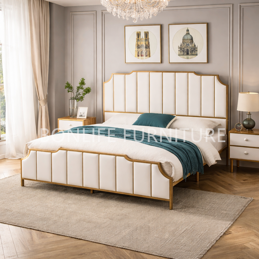 Luxury Cream Upholstered Metal Bed Frame with Gold Trim –BIANCA