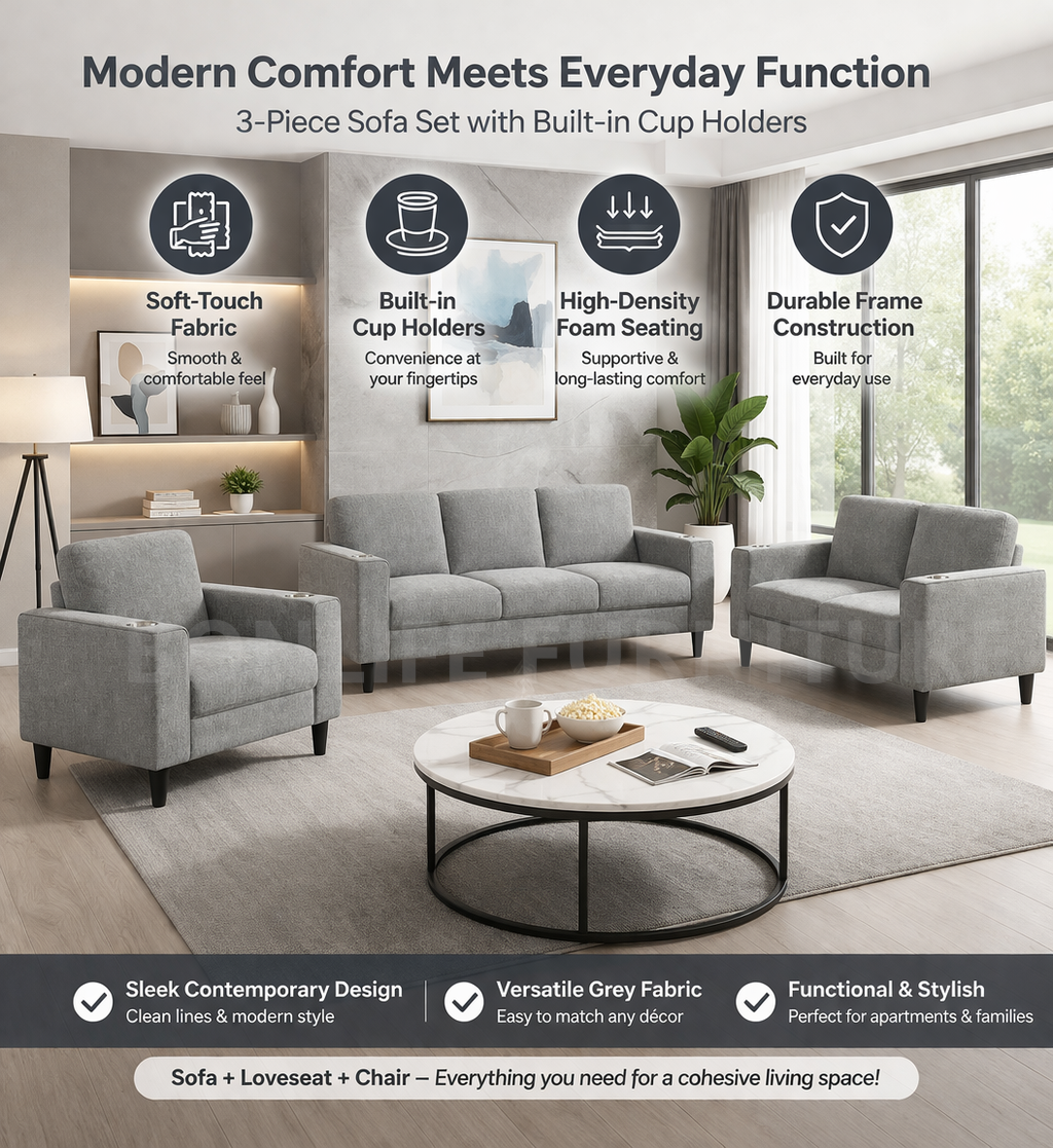 Modern Grey 3-Piece Sofa Set with Cup Holders | BONLIFE Furniture Toronto-I8240