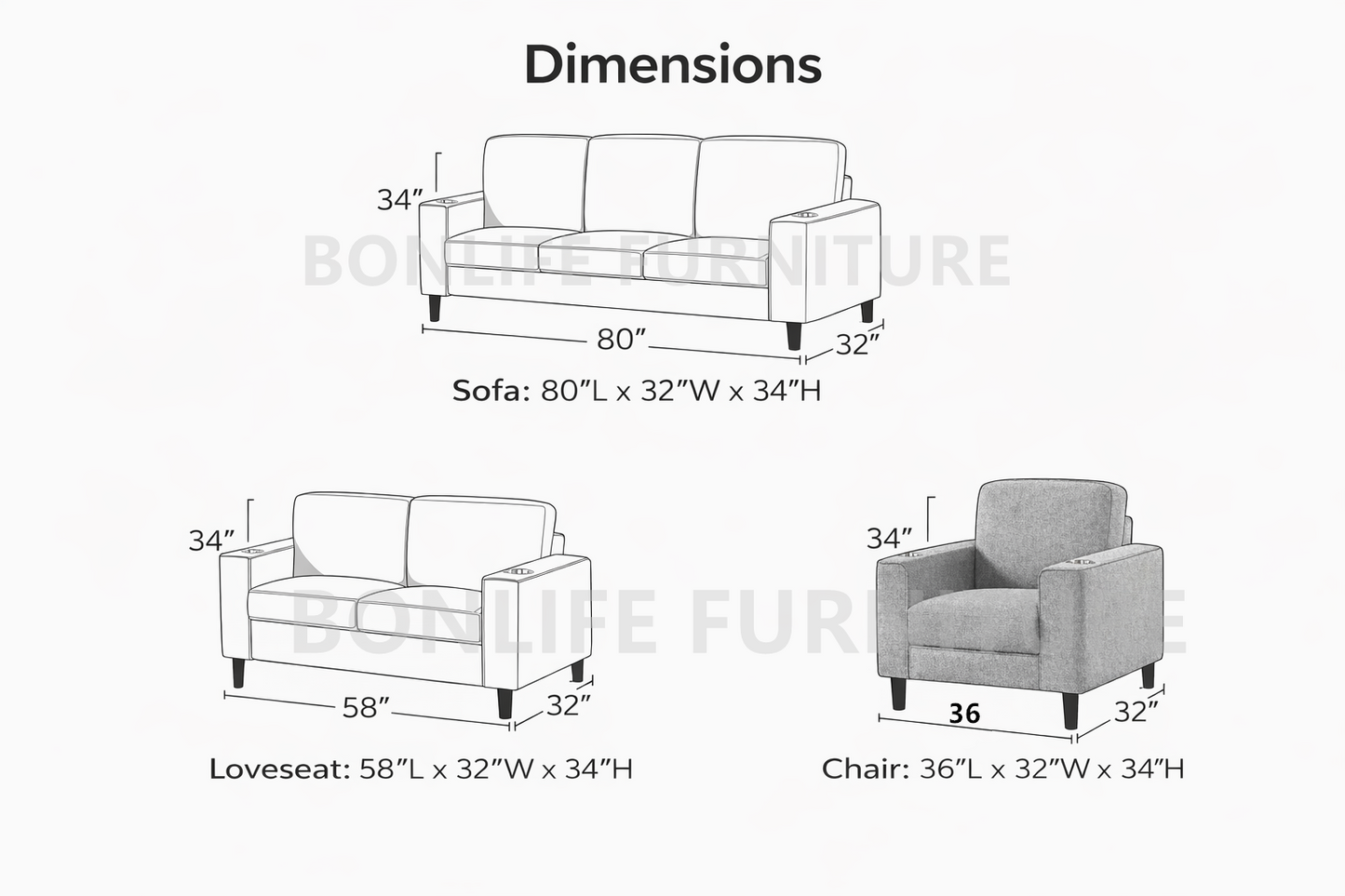 Modern Grey 3-Piece Sofa Set with Cup Holders | BONLIFE Furniture Toronto-I8240