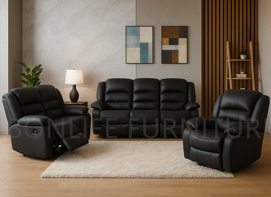 Reclining Sofa Set – Black PU Leather (Manual Recline)-Rivaldo