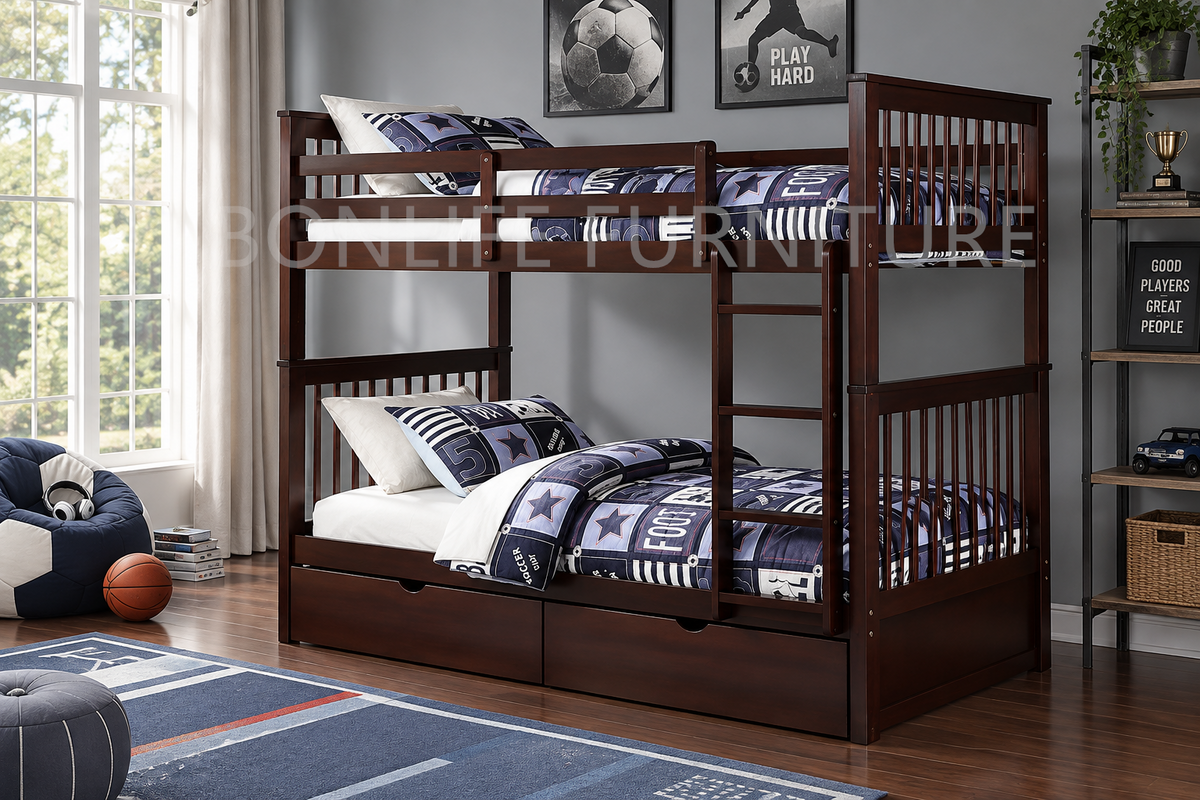 Twin over Twin Solid Wood Bunk Bed with Optional Storage Drawers or Trundle | I121