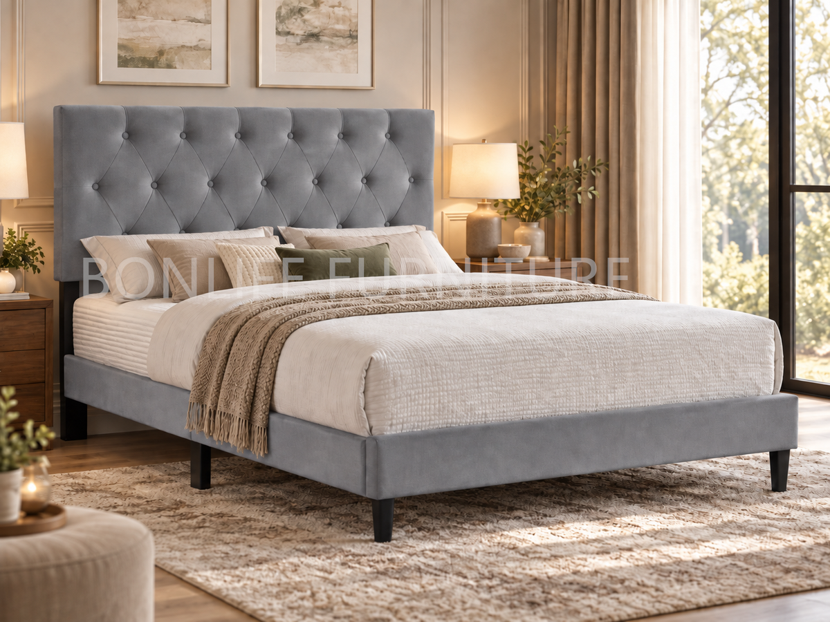 Adjustable Velvet Platform Bed with Tufted Headboard –T2106