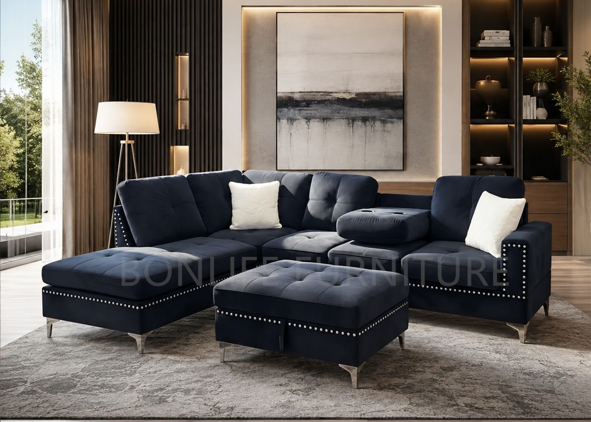 Modern Velvet Reversible Sectional Sofa with Storage Ottoman & Drop-Down Tray –D2402