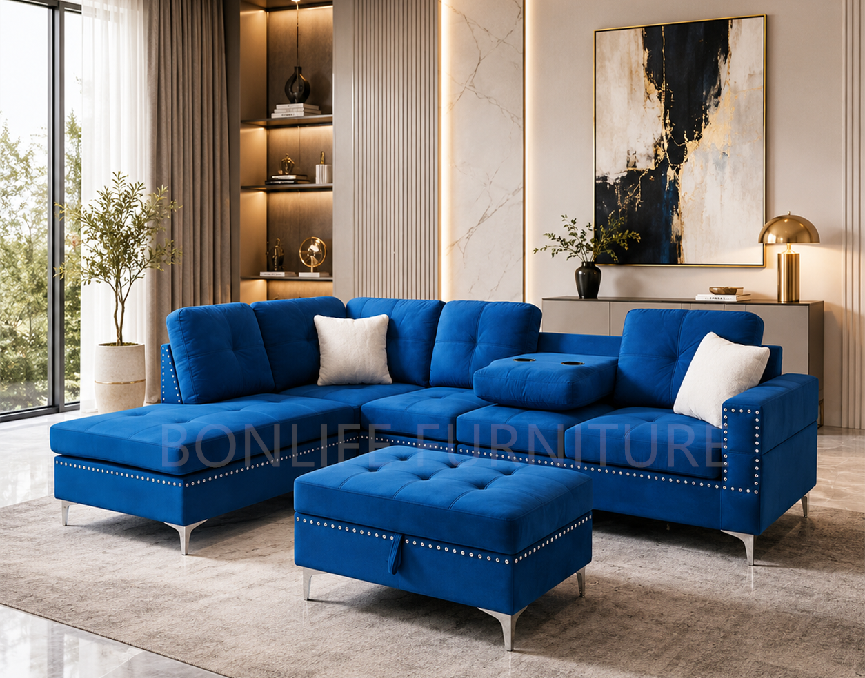 Modern Velvet Reversible Sectional Sofa with Storage Ottoman & Drop-Down Tray –D2402