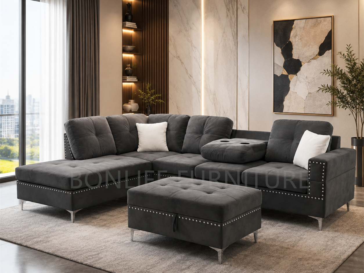 Modern Velvet Reversible Sectional Sofa with Storage Ottoman & Drop-Down Tray –D2402