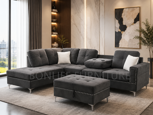 Modern Velvet Reversible Sectional Sofa with Storage Ottoman & Drop-Down Tray –D2402
