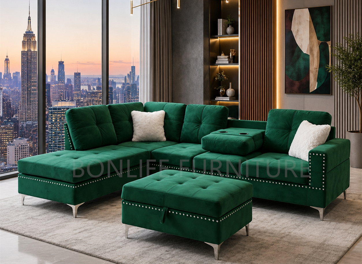 Modern Velvet Reversible Sectional Sofa with Storage Ottoman & Drop-Down Tray –D2402