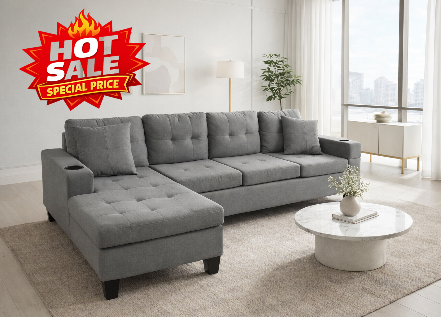 Modern Fabric Sectional Sofa with Cup Holders-D6212