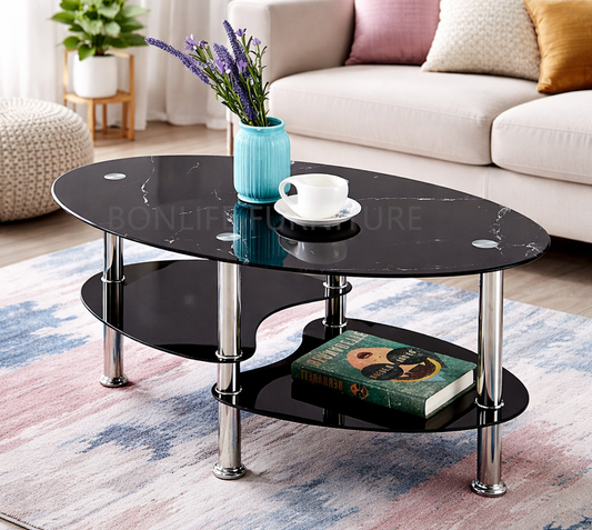 Modern Black Marble Glass Coffee Table with Chrome Legs-I2028