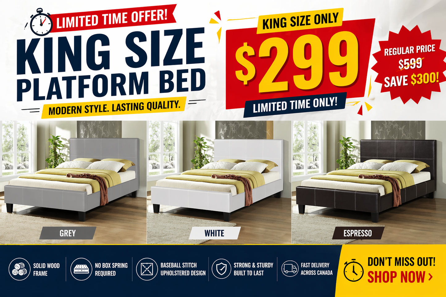 Solid Wood Platform Bed with Upholstered Headboard-T2361