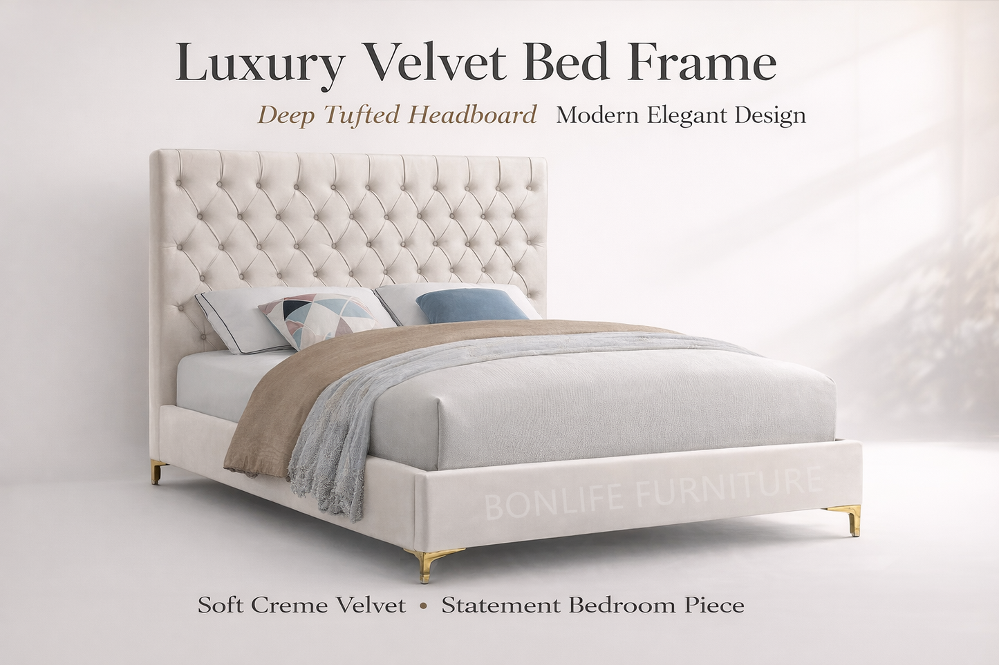 Velvet Fabric With Deep Button Tufting Bed-I5642