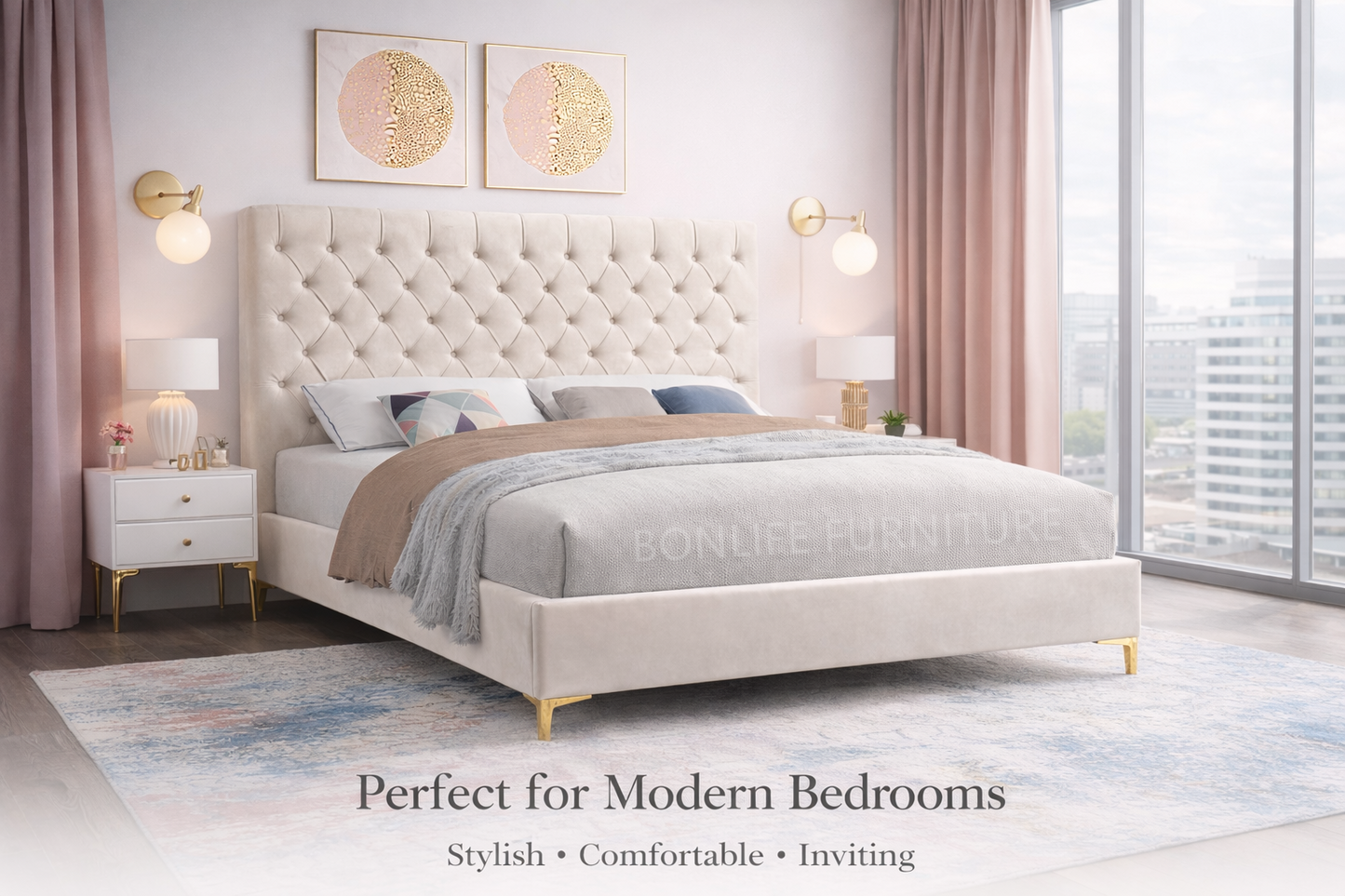 Velvet Fabric With Deep Button Tufting Bed-I5642