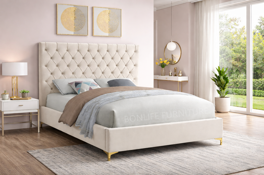 Velvet Fabric With Deep Button Tufting Bed-I5642
