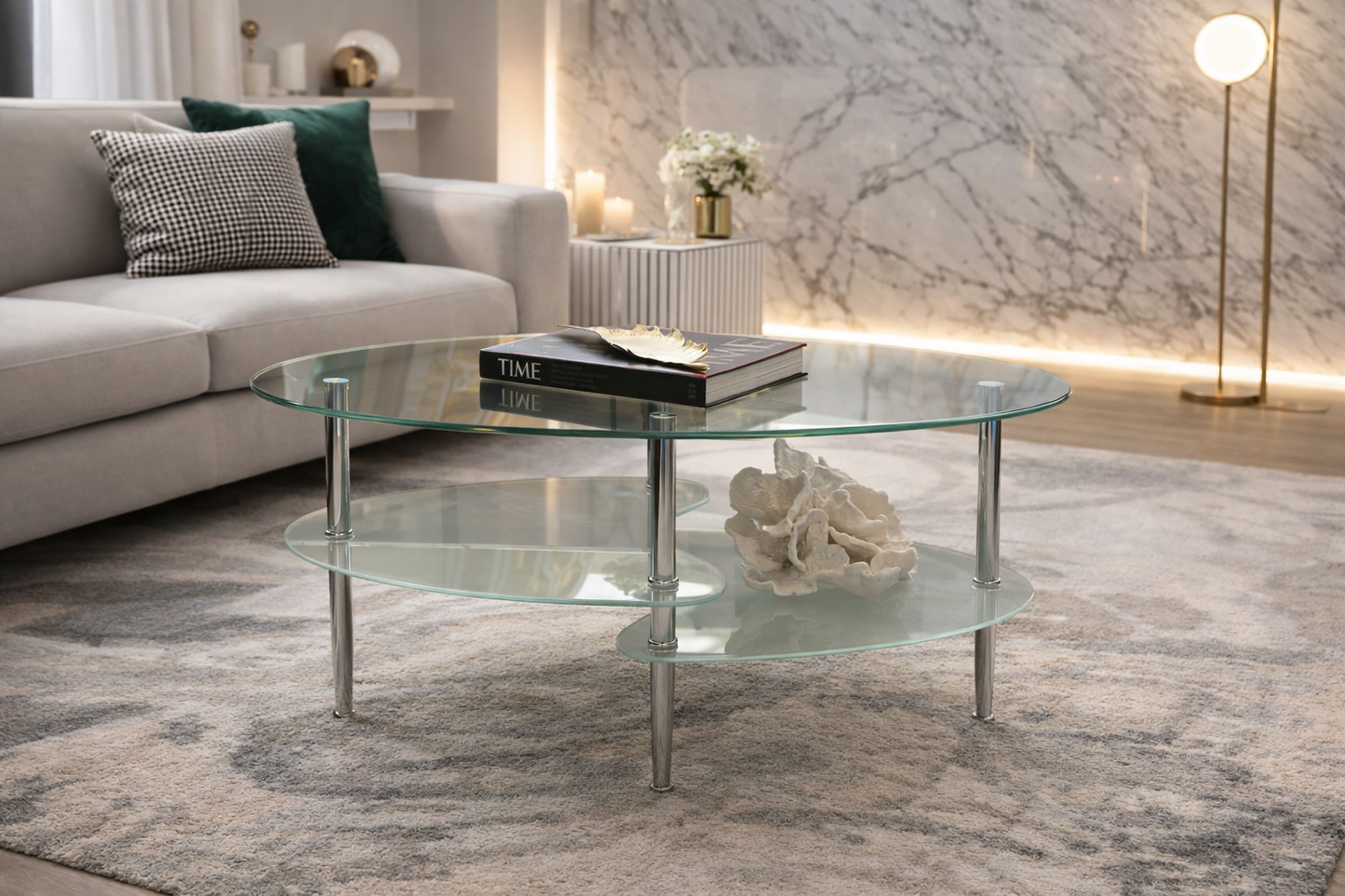 Modern Glass Coffee Table with Chrome Legs & Storage Shelf-T5002