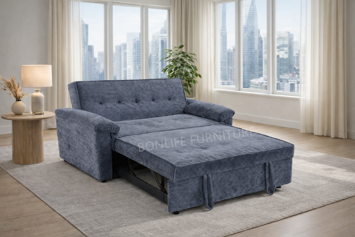 3-in-1 Corduroy Pull-Out Sofa Bed – Compact Convertible Sleeper-NEEL