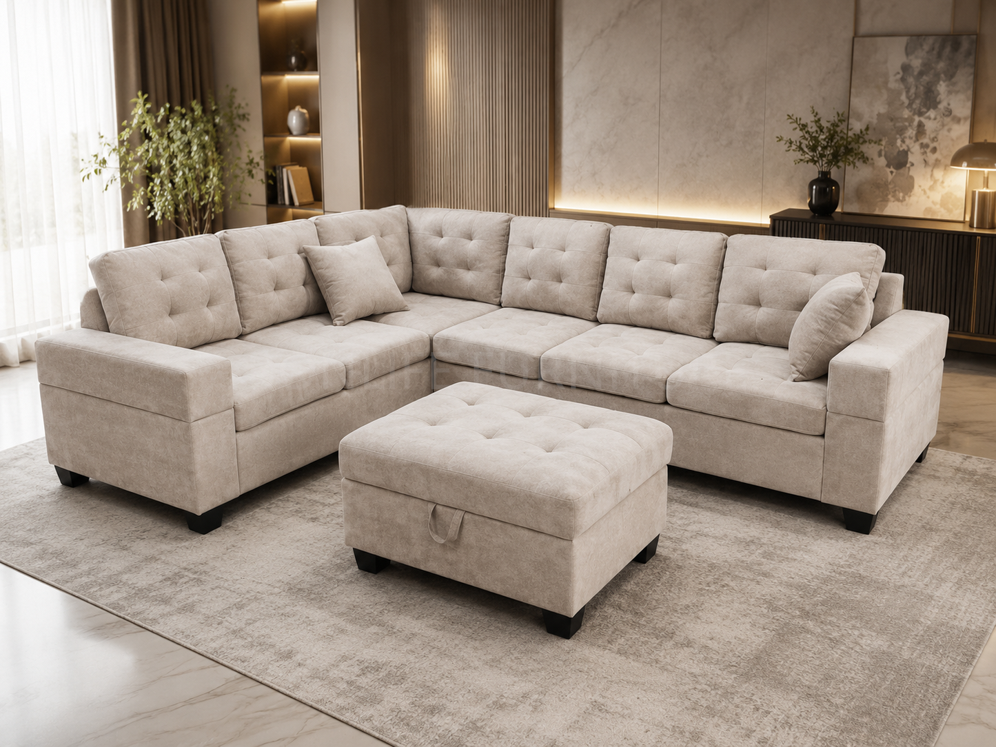L-Shaped Fabric Sectional Sofa with Storage Ottoman-EMERSON