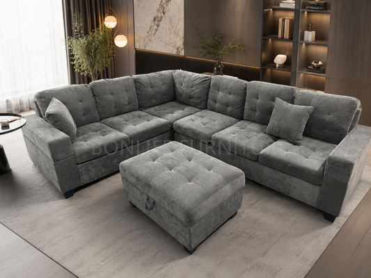 L-Shaped Fabric Sectional Sofa with Storage Ottoman-EMERSON